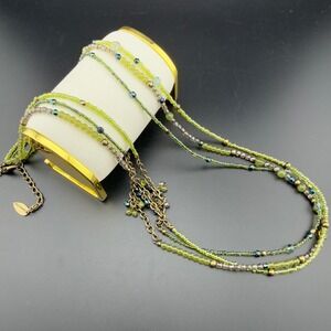 Coldwater Creek Green Glass Beaded Multi Strand Necklace Bronze Tone Whimsigoth